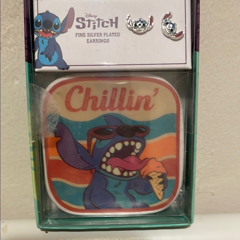 Disney Stitch Silver Plated Earrings with trinket tray